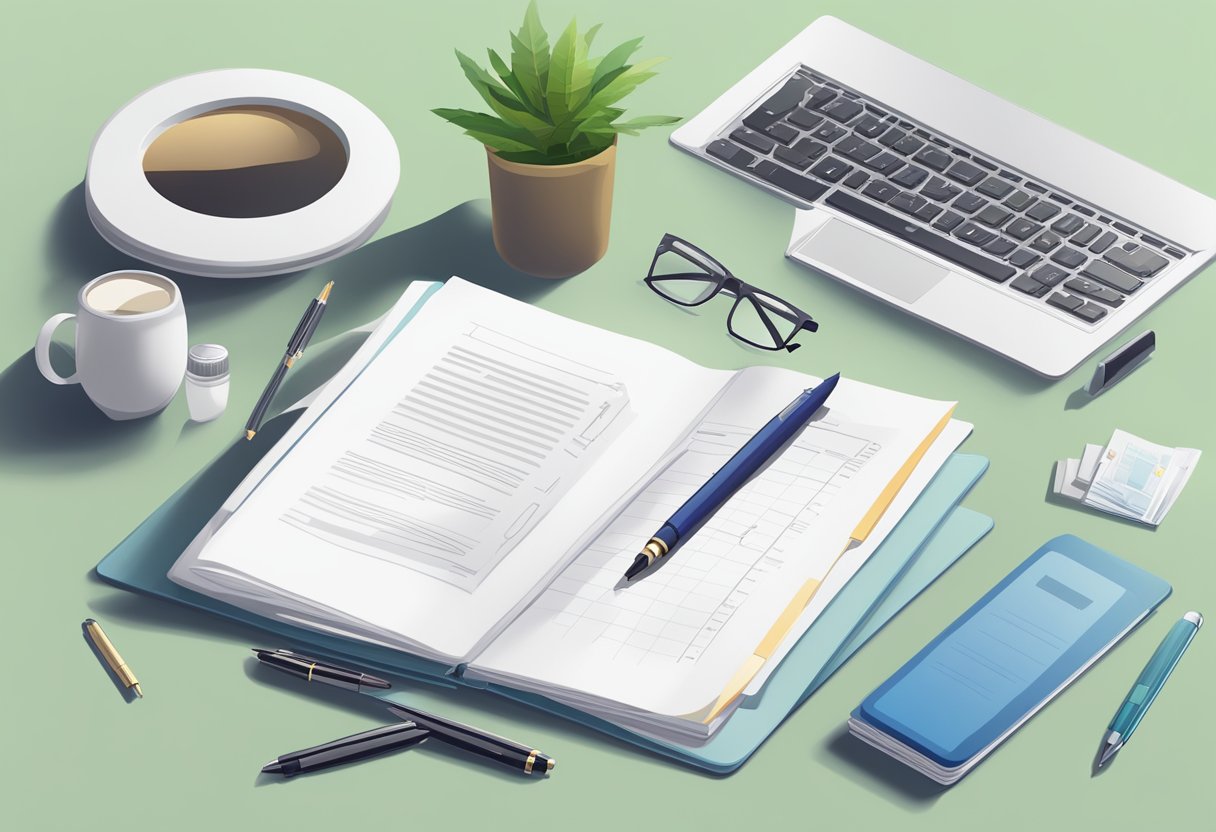 A table with a laptop, a stack of papers, and a pen. A sign with "Frequently Asked Questions Young Living Singapore" displayed prominently