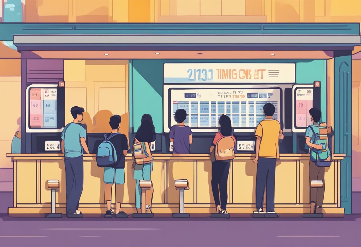 People lining up at a movie theater ticket counter in Singapore, with a digital display showing movie timings