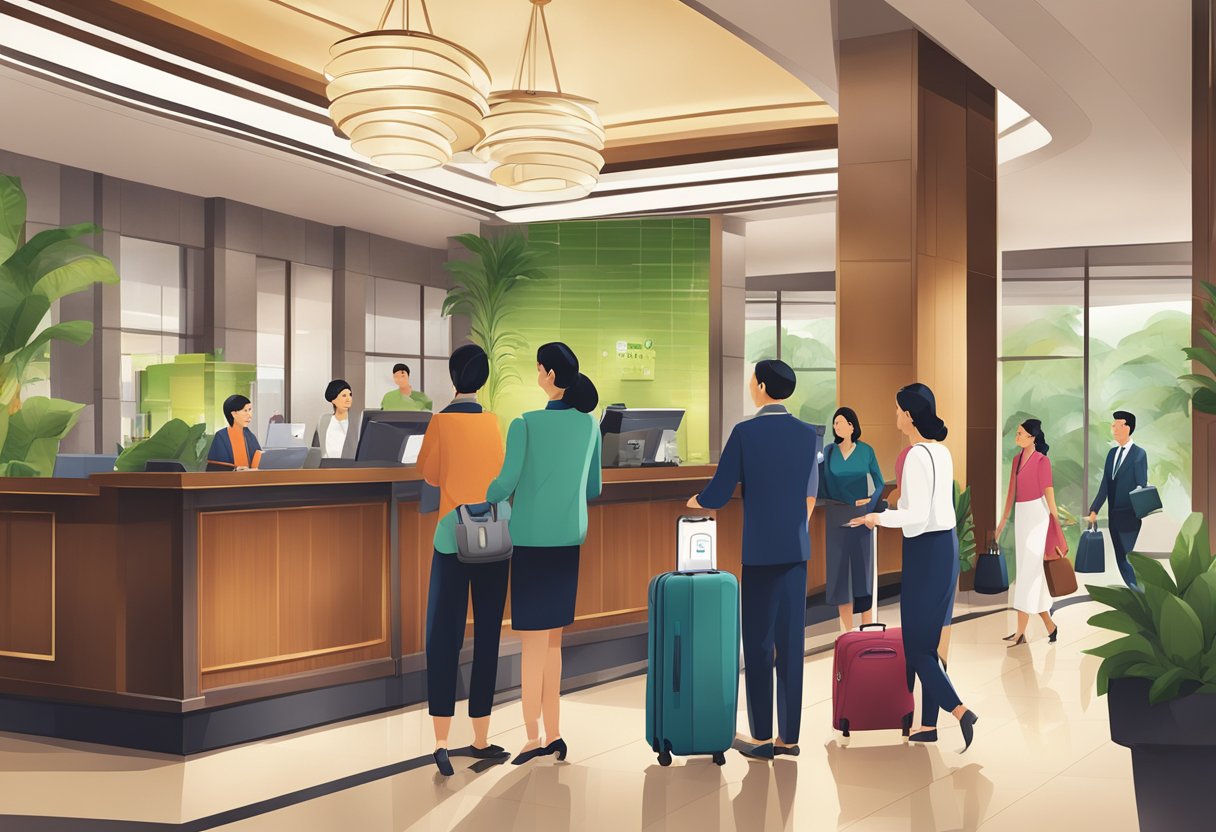 The bustling lobby of Holiday Inn Hotel Singapore, with guests checking in at the front desk, staff assisting with luggage, and a concierge arranging transportation