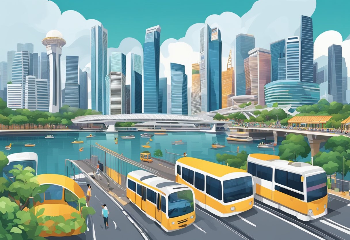A bustling cityscape with iconic landmarks and diverse architecture, showcasing the vibrant culture and modern infrastructure of Singapore