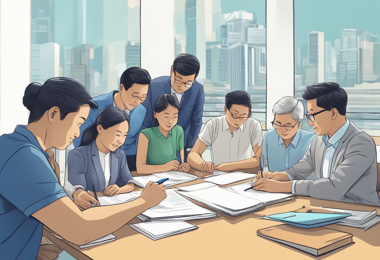 A group of people gather around a table, signing documents and discussing plans to establish an NPO in Singapore