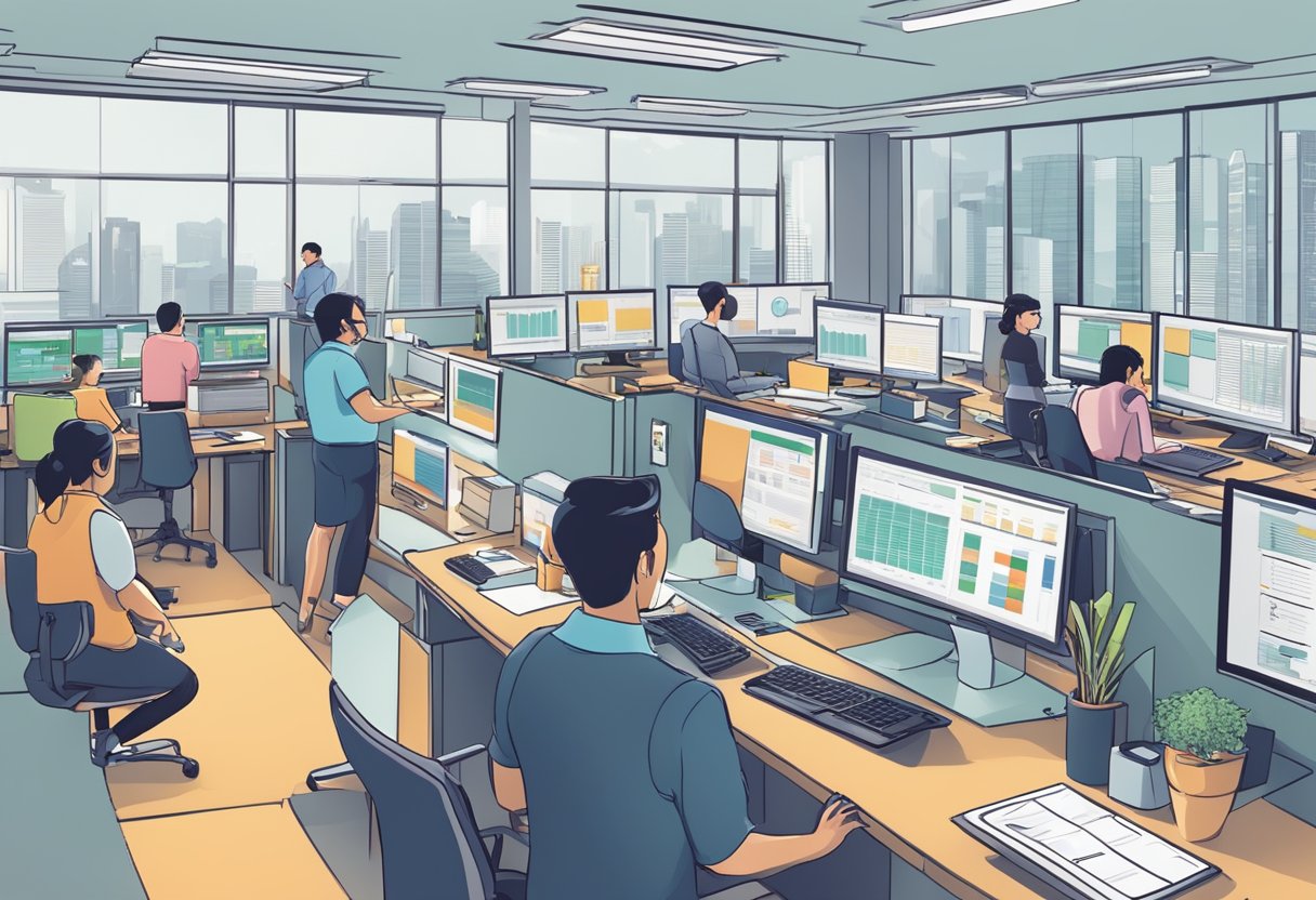 A bustling office with people managing finances and operations for an NPO in Singapore. Computers, charts, and paperwork fill the space
