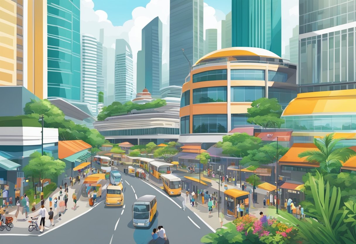 Busy streets, modern skyscrapers, iconic landmarks, bustling hawker centers, and lush greenery characterize popular Singapore