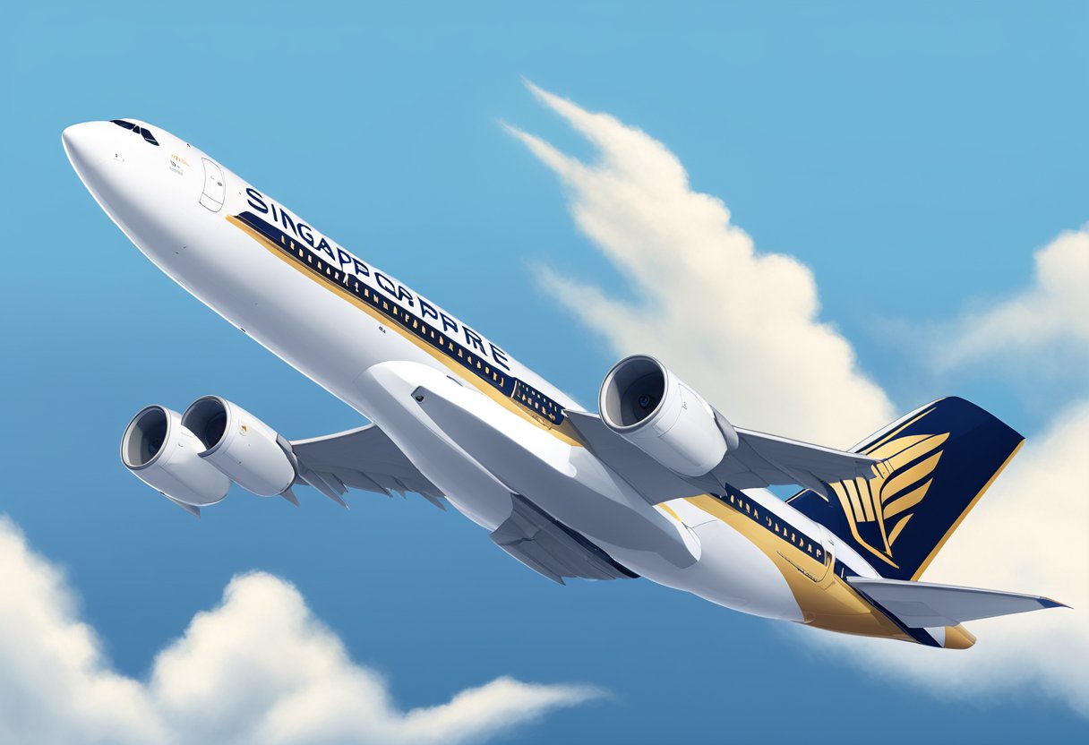 A sleek and modern airplane with the Singapore Airlines logo prominently displayed on the tail, soaring through the clear blue sky