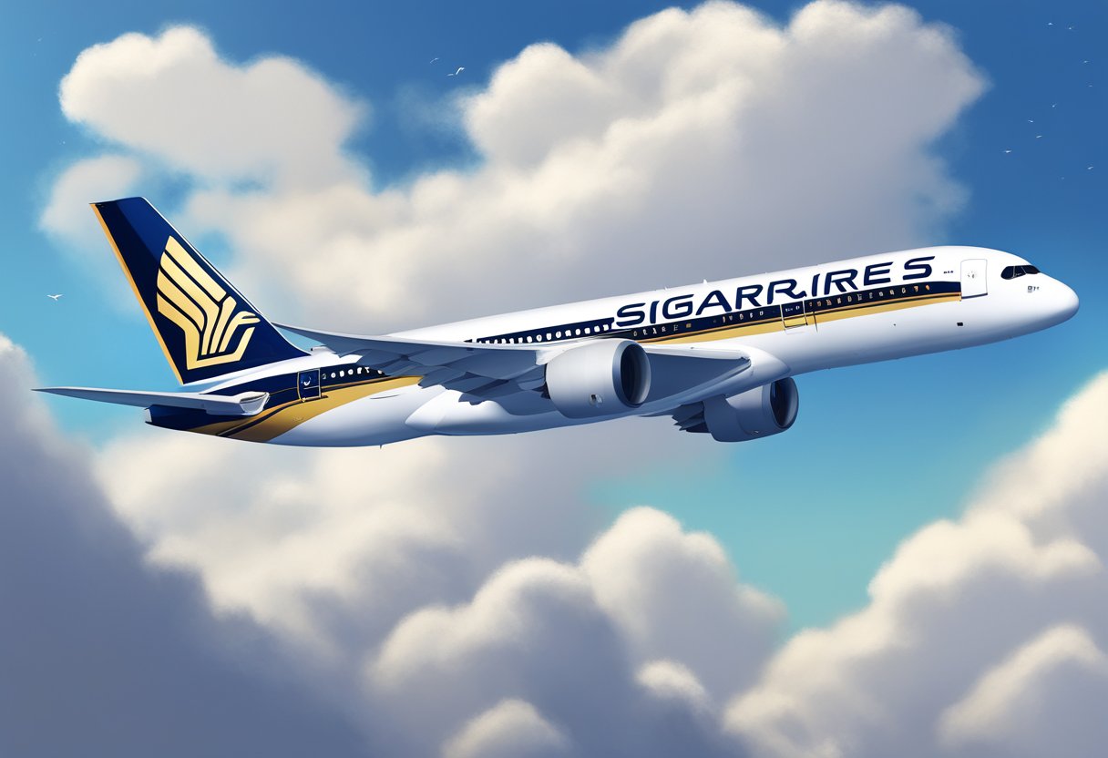 A sleek Singapore Airlines plane soaring through the clear blue sky, with the company's logo prominently displayed on the tail fin