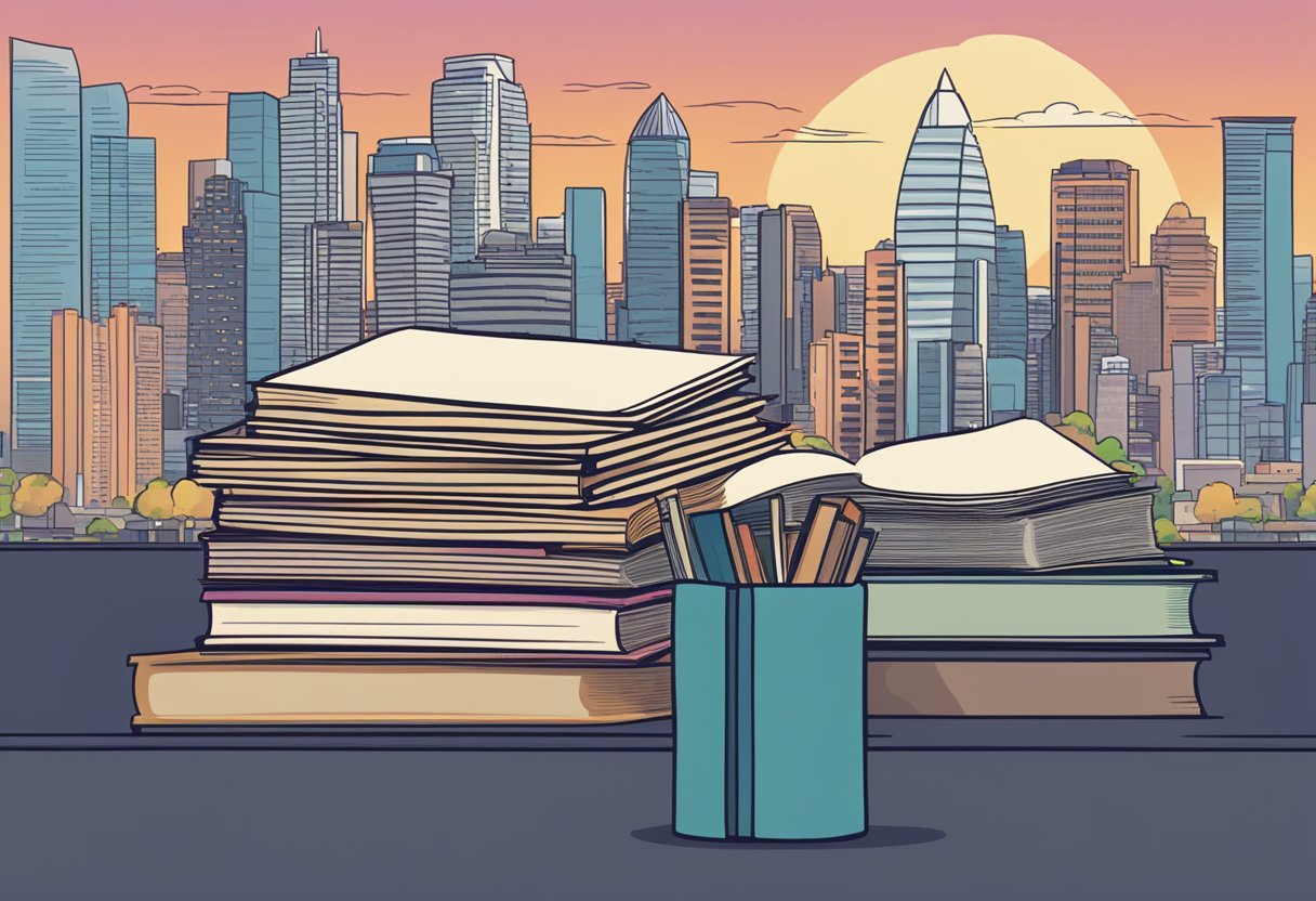 A stack of popular Singaporean literature on a table, with a city skyline in the background