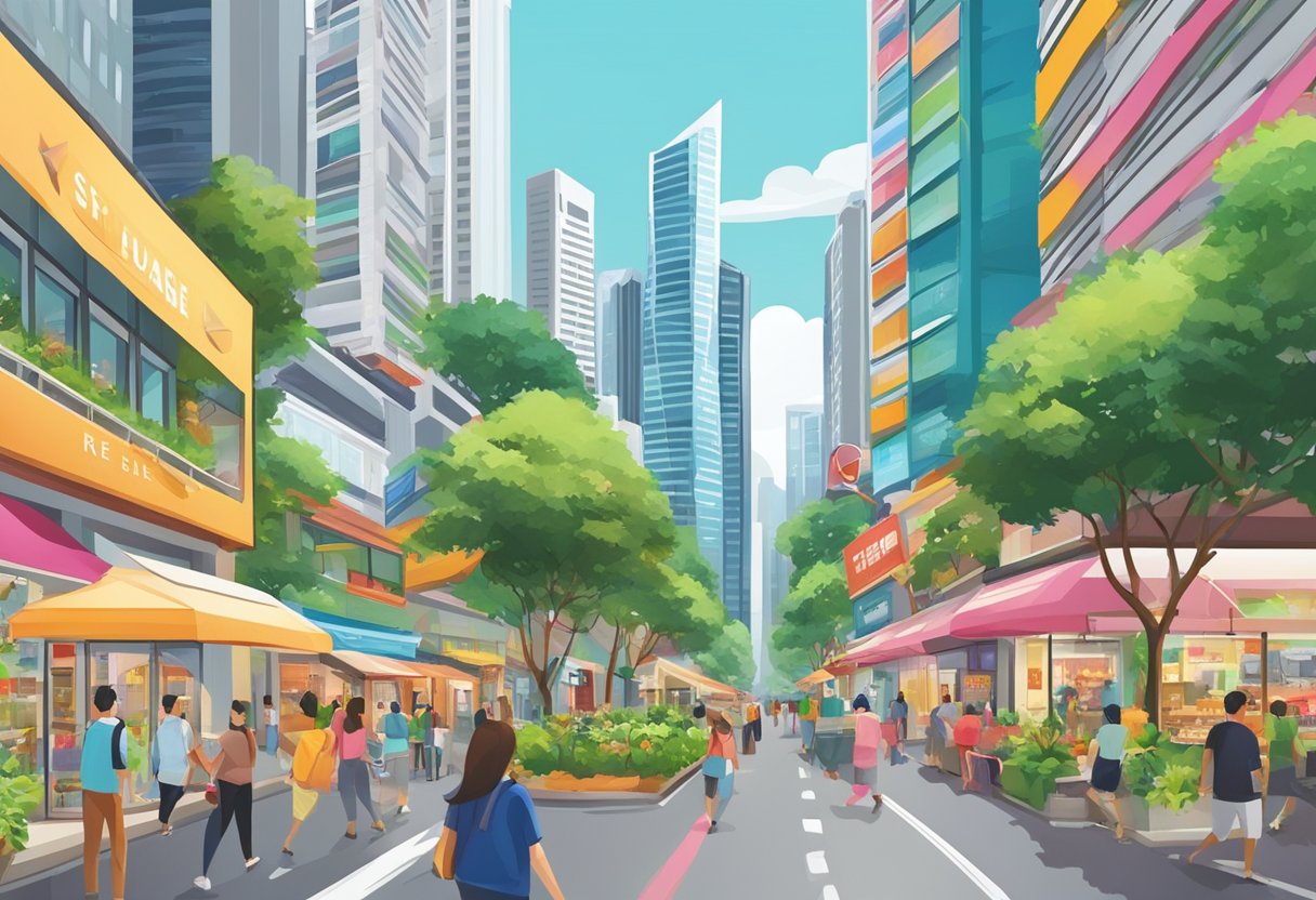 A bustling street in Singapore, with colorful shopfronts and vibrant signs, surrounded by modern skyscrapers and lush greenery