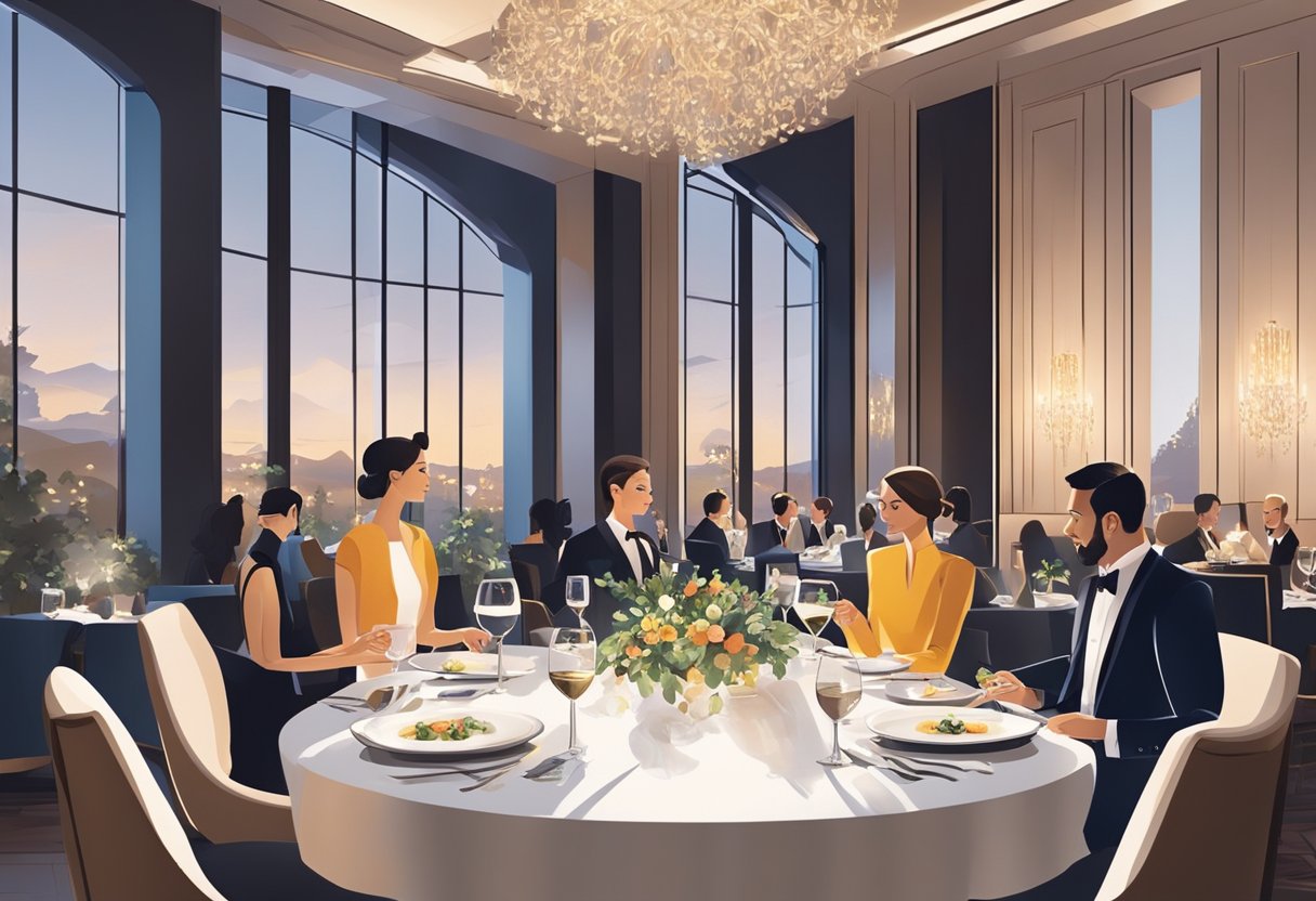 Guests dining at a table in a stylish Michelin-starred restaurant, with elegant plating and exquisite cuisine, surrounded by a modern and luxurious ambiance
