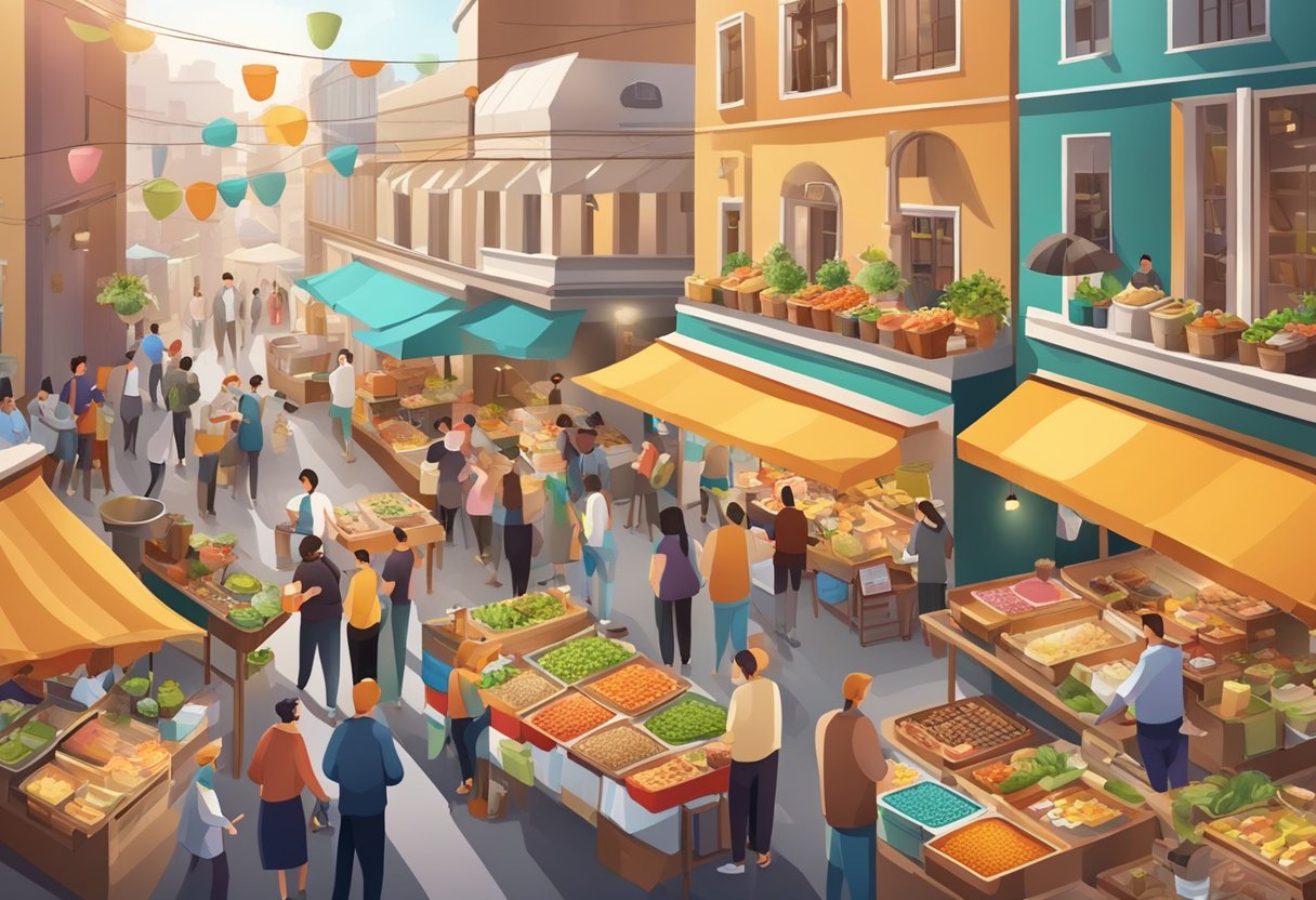 A bustling food market with colorful stalls and aromatic dishes, surrounded by eager customers sampling various culinary delights