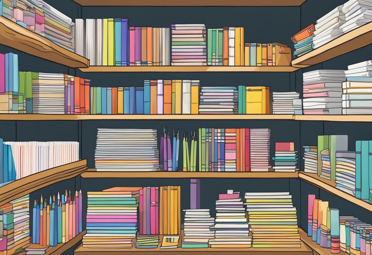 Colorful array of notebooks, pens, and paper products displayed on shelves in a trendy Singapore stationery store