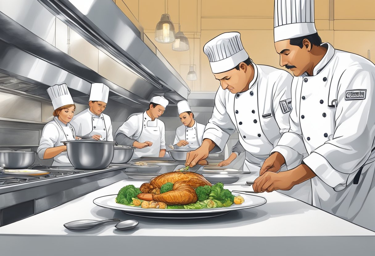 A chef carefully plates a gourmet dish while Michelin inspectors observe, noting the attention to detail and precision in the culinary process
