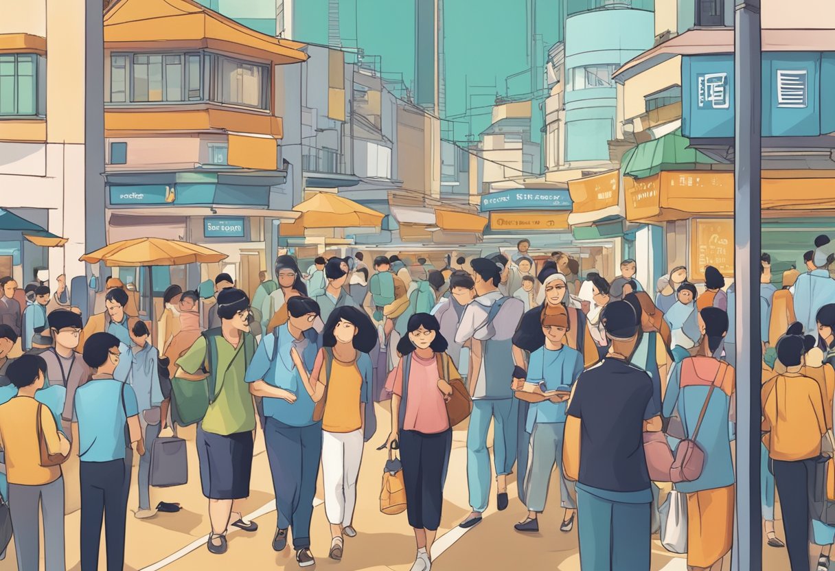 A bustling street in Singapore with a sign reading "Frequently Asked Questions" surrounded by curious onlookers