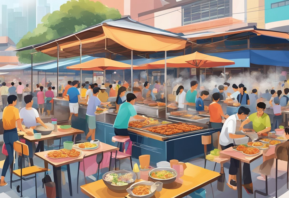 A bustling hawker center in Singapore, with steaming pots of rosti sizzling on hot plates, surrounded by colorful food stalls and eager diners