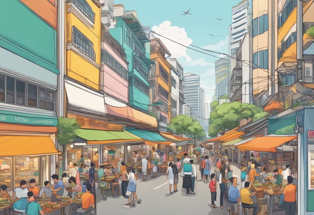 A bustling street in Singapore lined with diverse restaurants, from hawker stalls to upscale eateries, with colorful signage and aromatic wafts of food