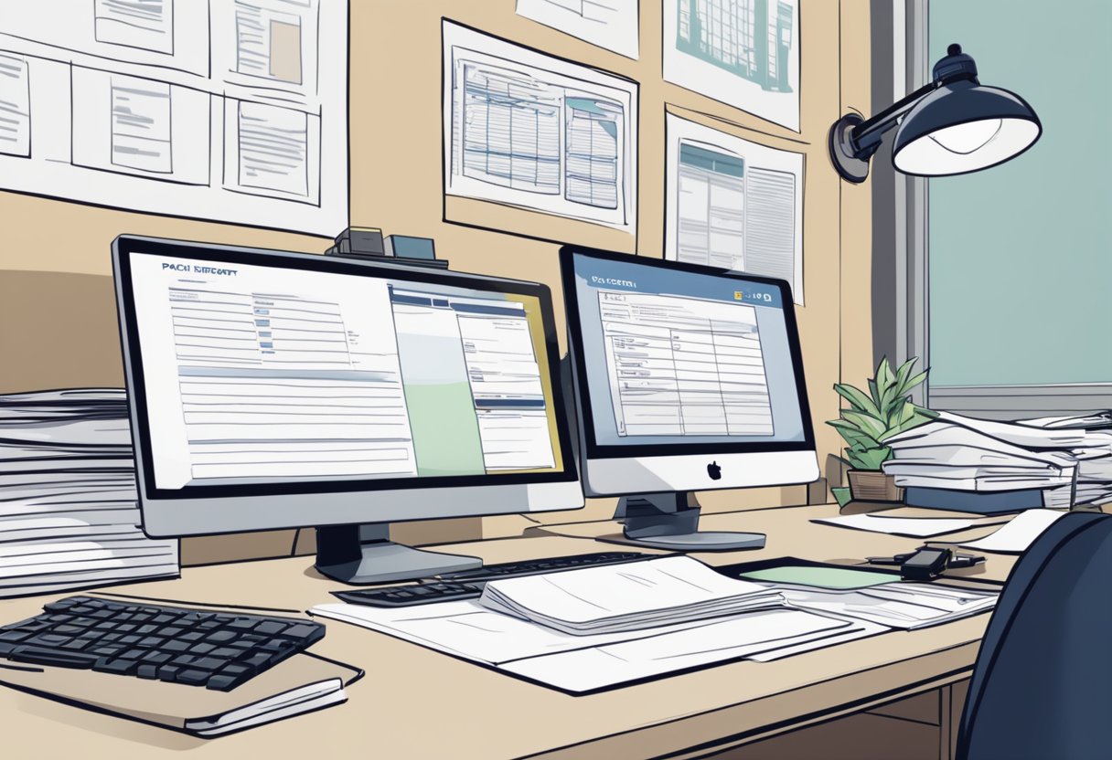 The police report in Singapore is being typed up on a computer, with a stack of papers and a pen on the desk. The room is well-lit and organized, with a Singapore Police Force logo displayed prominently