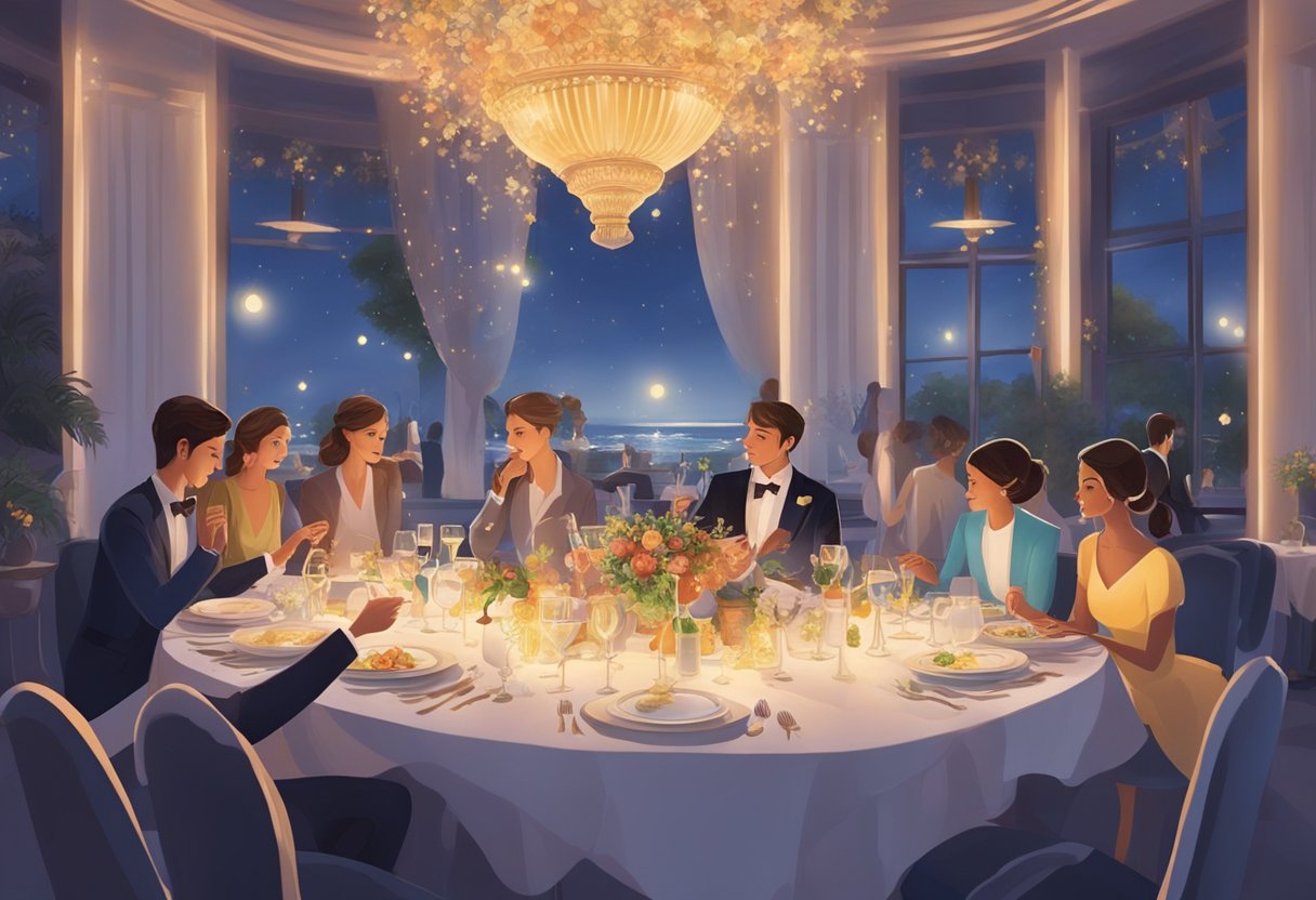 A table adorned with elegant tableware, surrounded by diners enjoying exquisite dishes under the glow of soft lighting