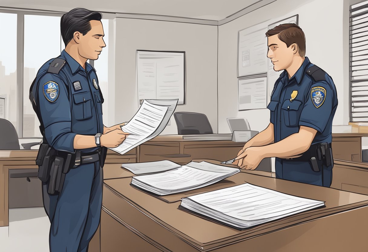 A person handing over a written document to a police officer at a desk in a police station
