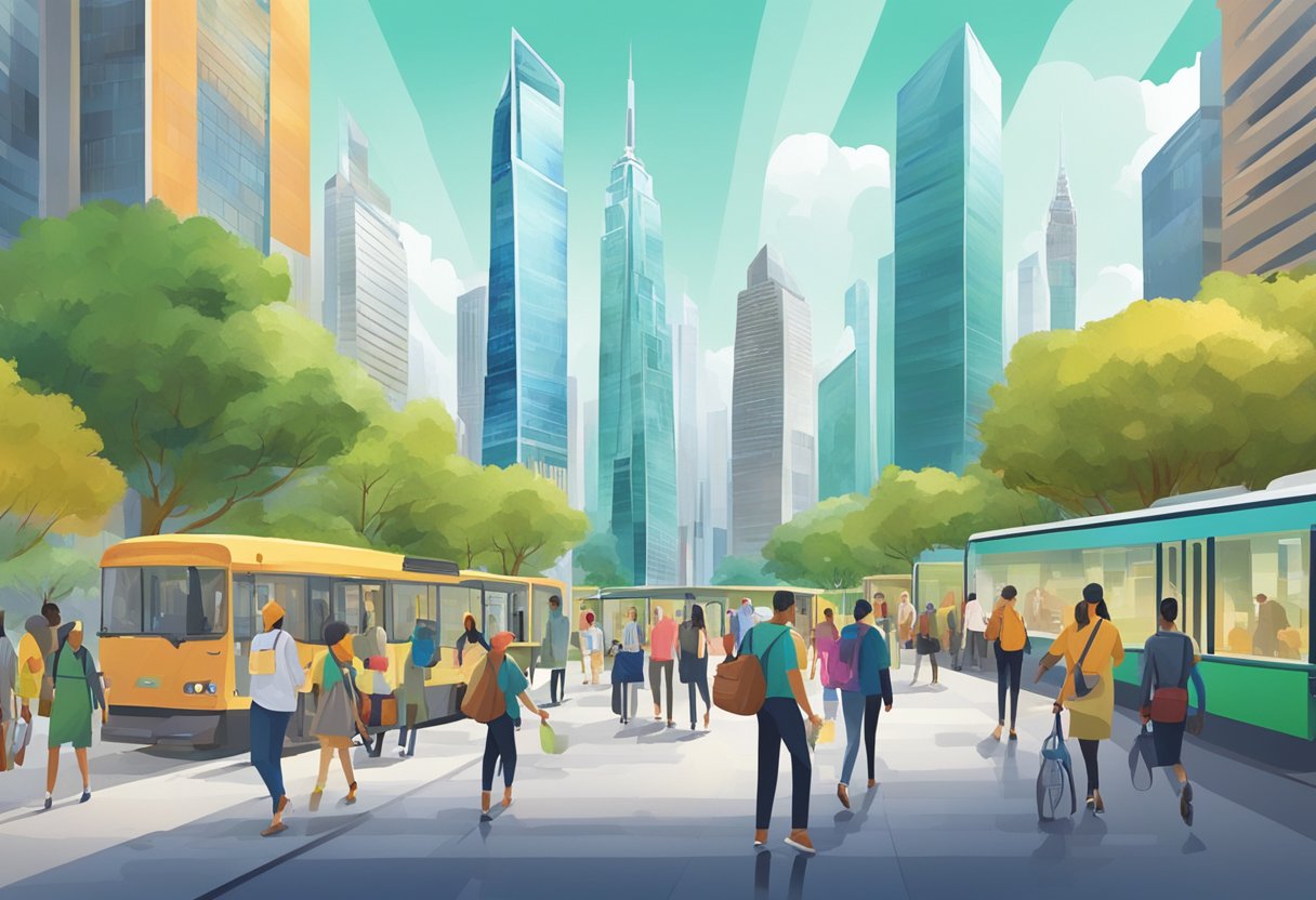 Visitors navigating through a modern and vibrant cityscape, with skyscrapers, green spaces, and cultural landmarks in the background