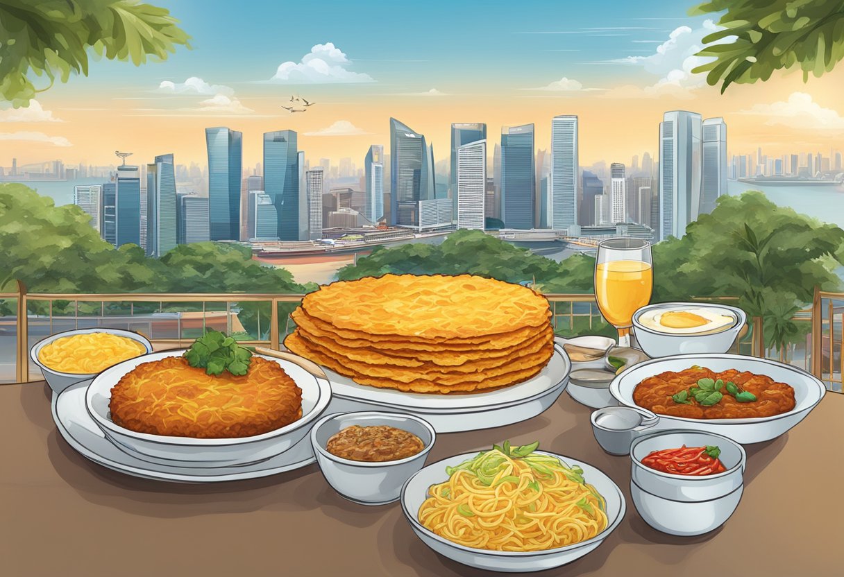 A table displays various types of rosti, including traditional, cheesy, and spicy, with a backdrop of iconic Singapore landmarks