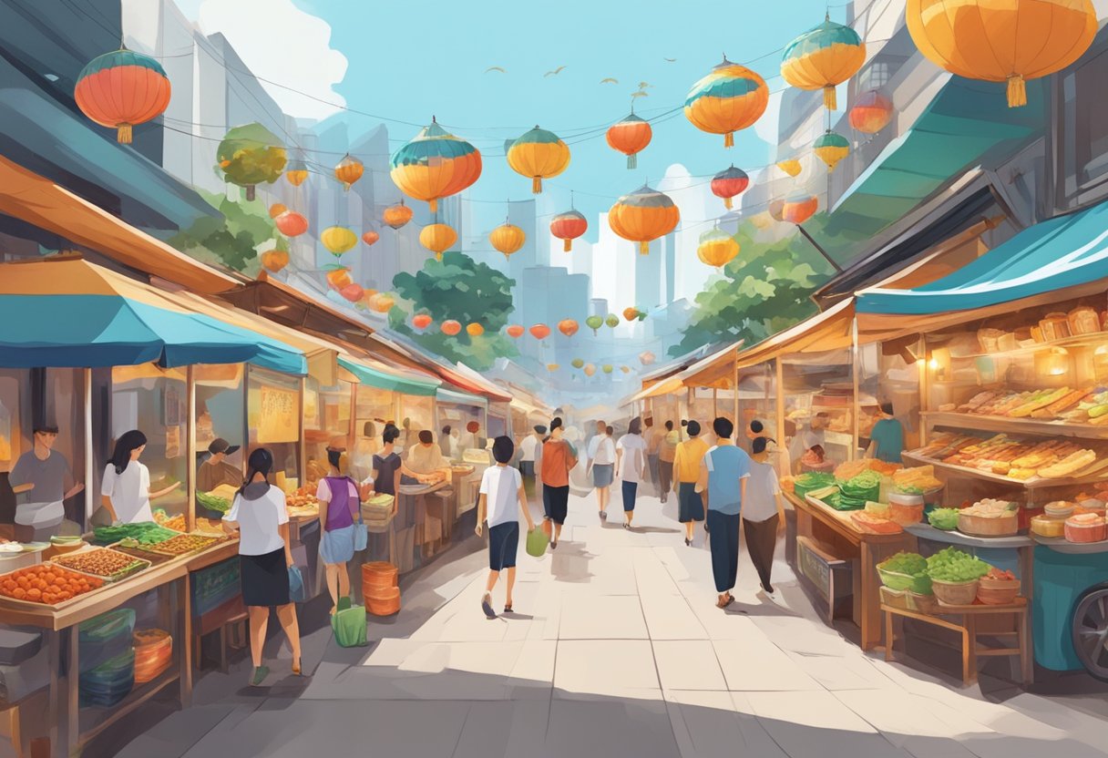 A bustling street lined with colorful food stalls, emitting mouth-watering aromas and vibrant displays of traditional Singaporean dishes