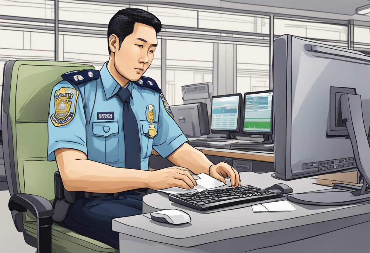 Police officer typing report at desk in Singapore station
