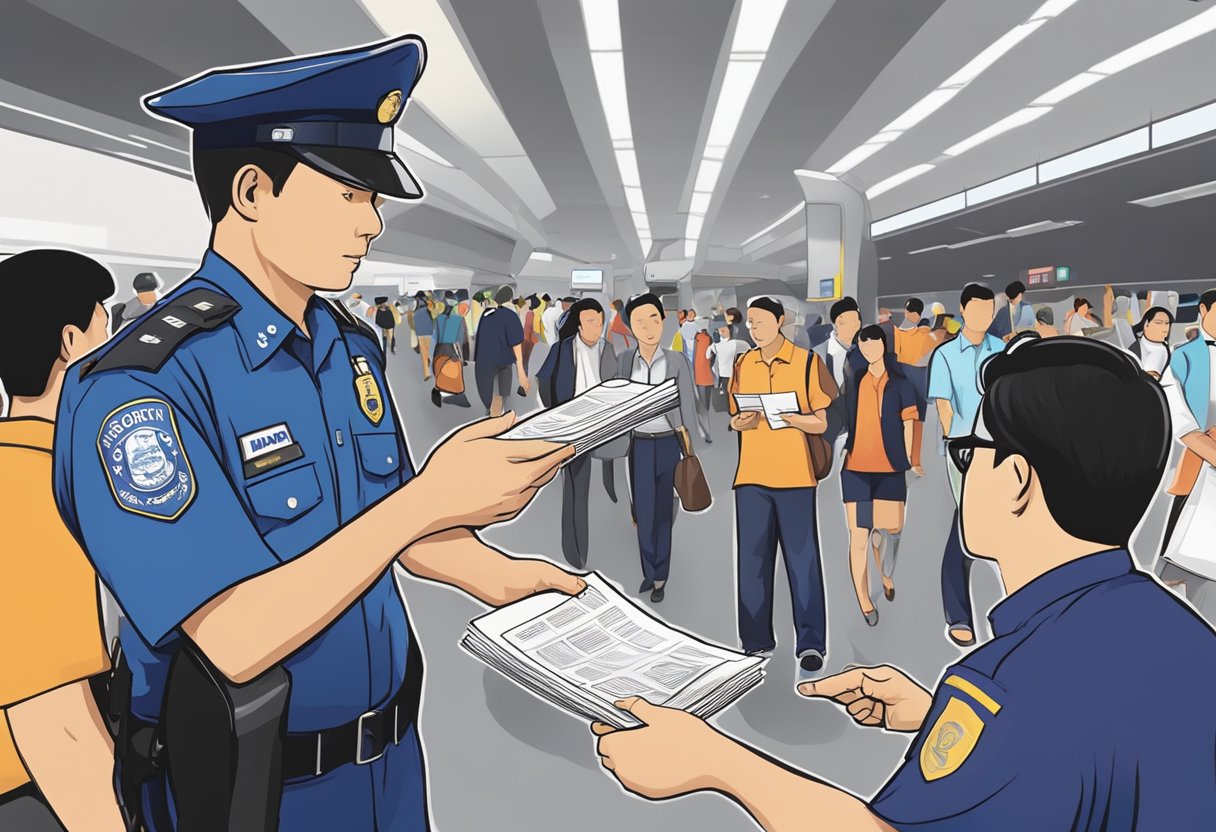 A police officer hands out FAQ pamphlets at a bustling Singapore station