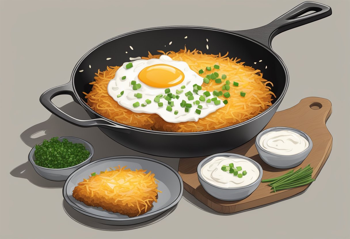 A sizzling skillet with golden-brown, crispy rosti topped with a dollop of creamy sour cream and sprinkled with fresh chives. A fork rests beside the dish, ready to dig in