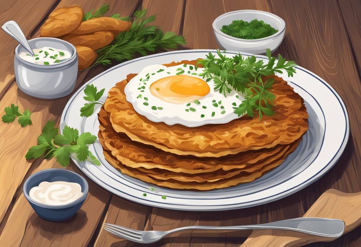 A steaming plate of rosti on a wooden table, with a side of sour cream and a sprinkle of fresh herbs, surrounded by a cozy and welcoming atmosphere