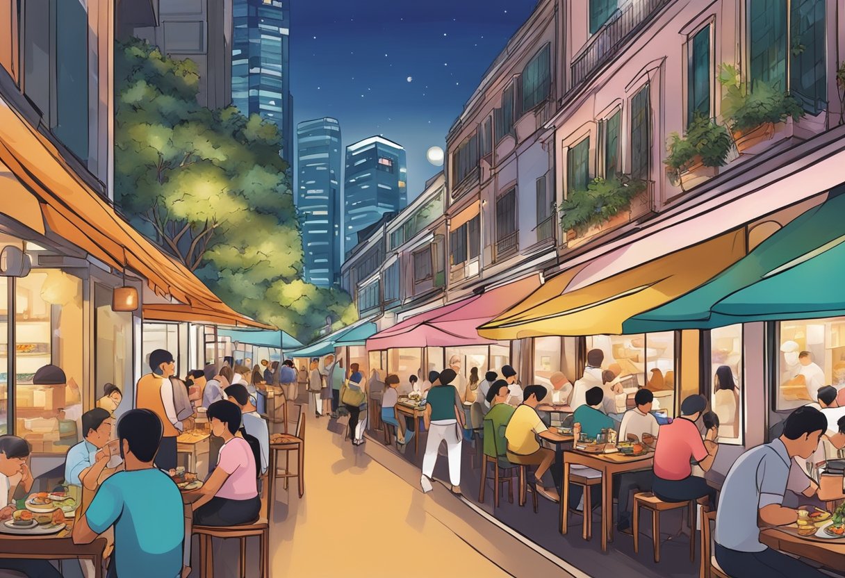 A bustling street lined with colorful, bustling restaurants, each with its own unique cuisine and ambiance, offering a diverse dining experience in Singapore