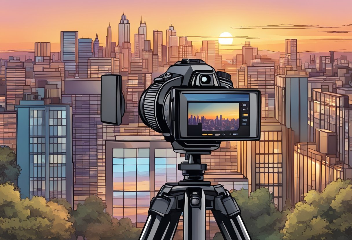 A camera on a tripod facing a city skyline at sunset, with a photography course logo on a nearby sign