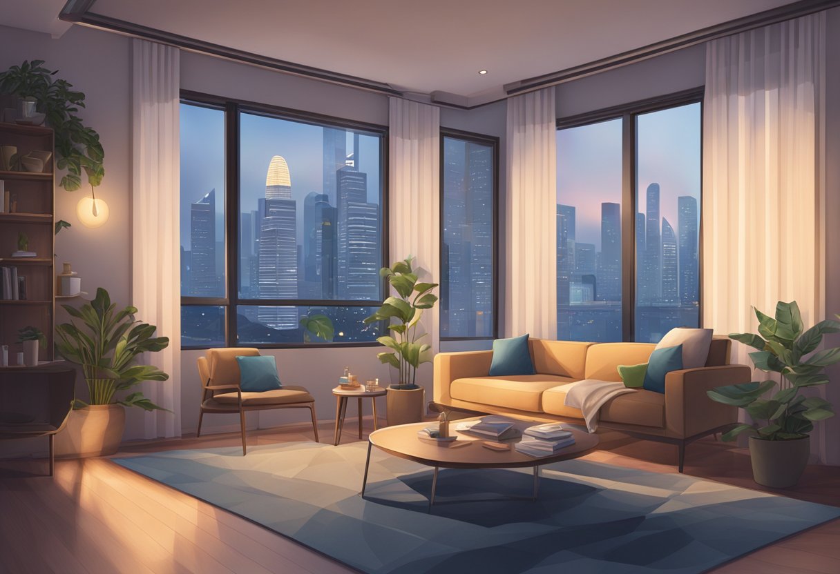 A cozy private room in Singapore with minimalist decor, soft lighting, and a large window overlooking the city skyline
