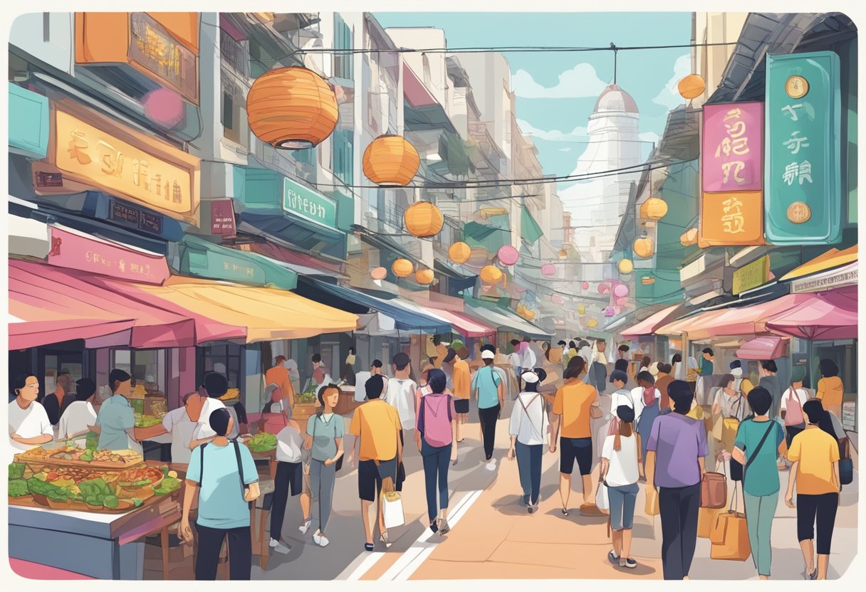 A bustling street in Singapore with colorful signs and bustling crowds, featuring various restaurants with "Frequently Asked Questions" displayed prominently