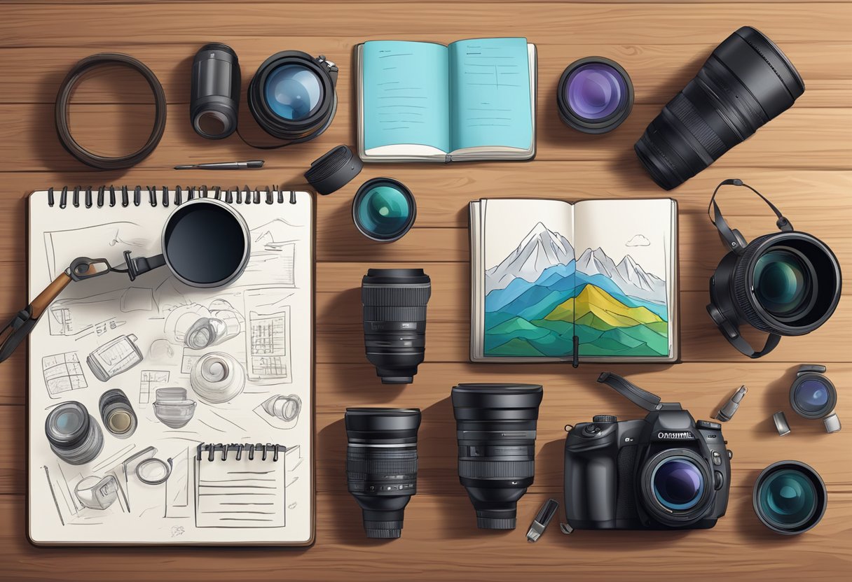 A camera on a tripod, a variety of lenses, and a notebook with photography notes spread out on a wooden table