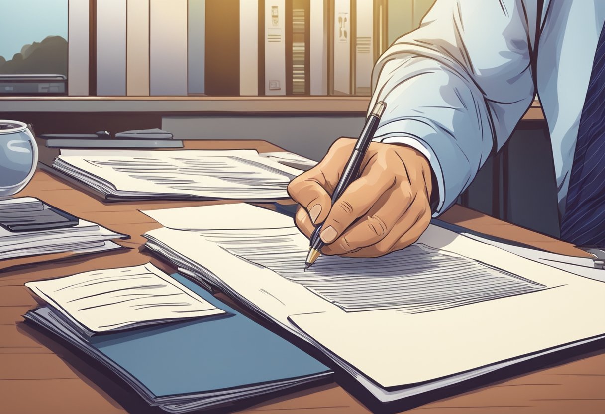 A lawyer signing legal documents with a stamp, seated at a desk in a professional office setting