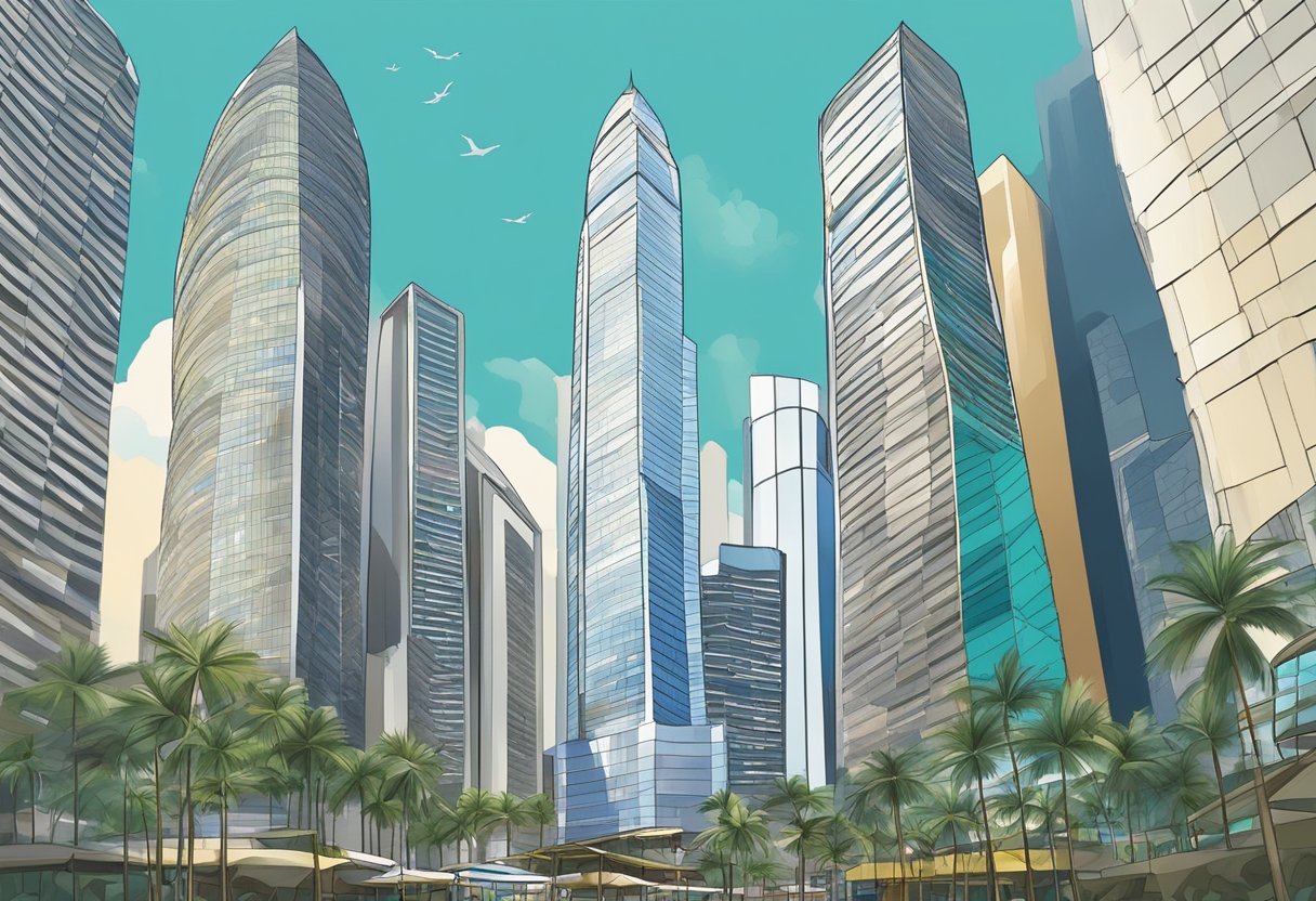 The towering Republic Plaza in Raffles Place, Singapore, stands tall against a backdrop of modern skyscrapers and bustling city streets