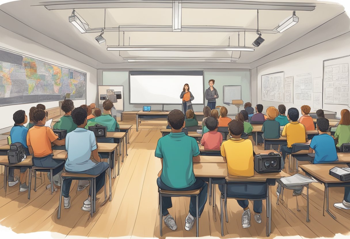 A classroom filled with camera equipment, students listening to an instructor, and examples of stunning photography displayed on the walls