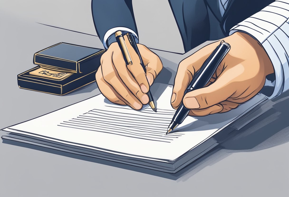 A person signing a legal document with a notary stamp present