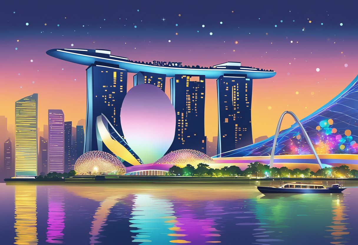 Viu Singapore: Iconic skyline with Marina Bay Sands and Singapore Flyer against a backdrop of colorful city lights and reflections in the water
