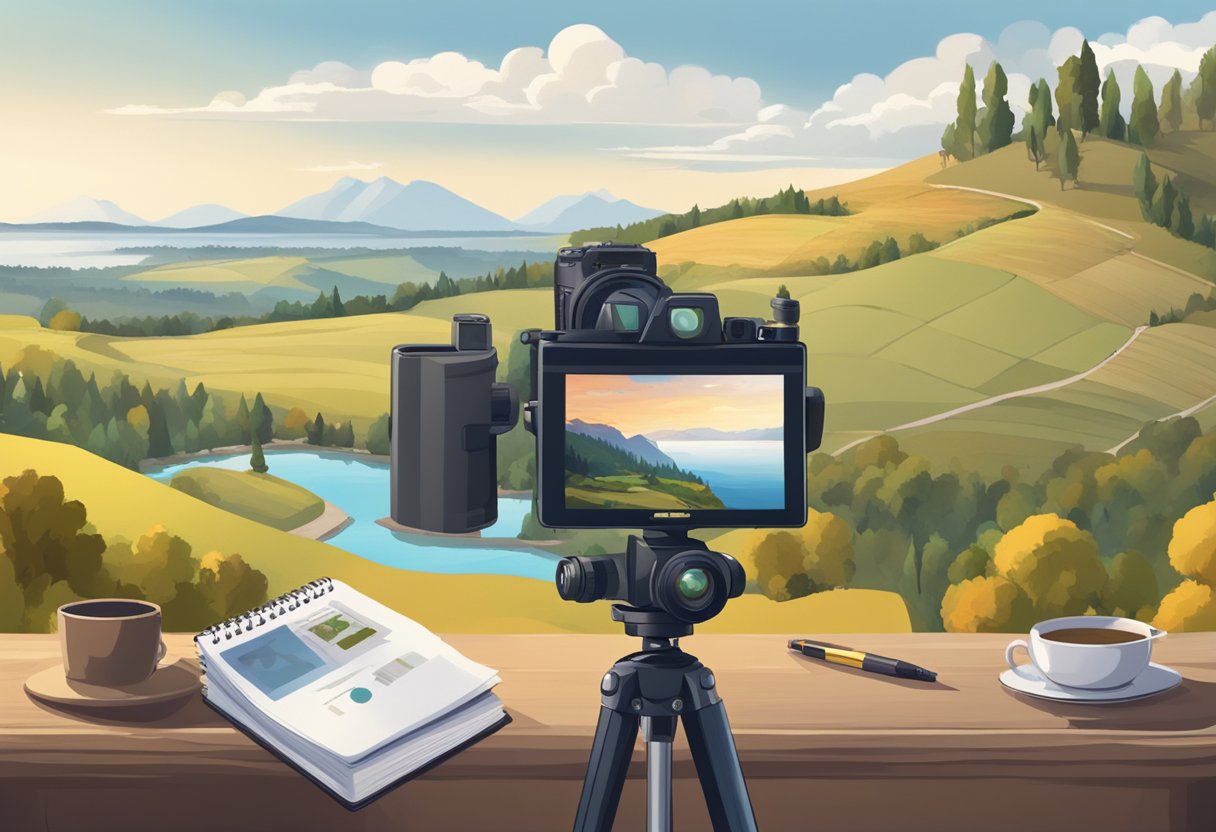 A camera on a tripod with a picturesque landscape in the background, a notebook with "FAQs" written on it, and a person holding a photography manual