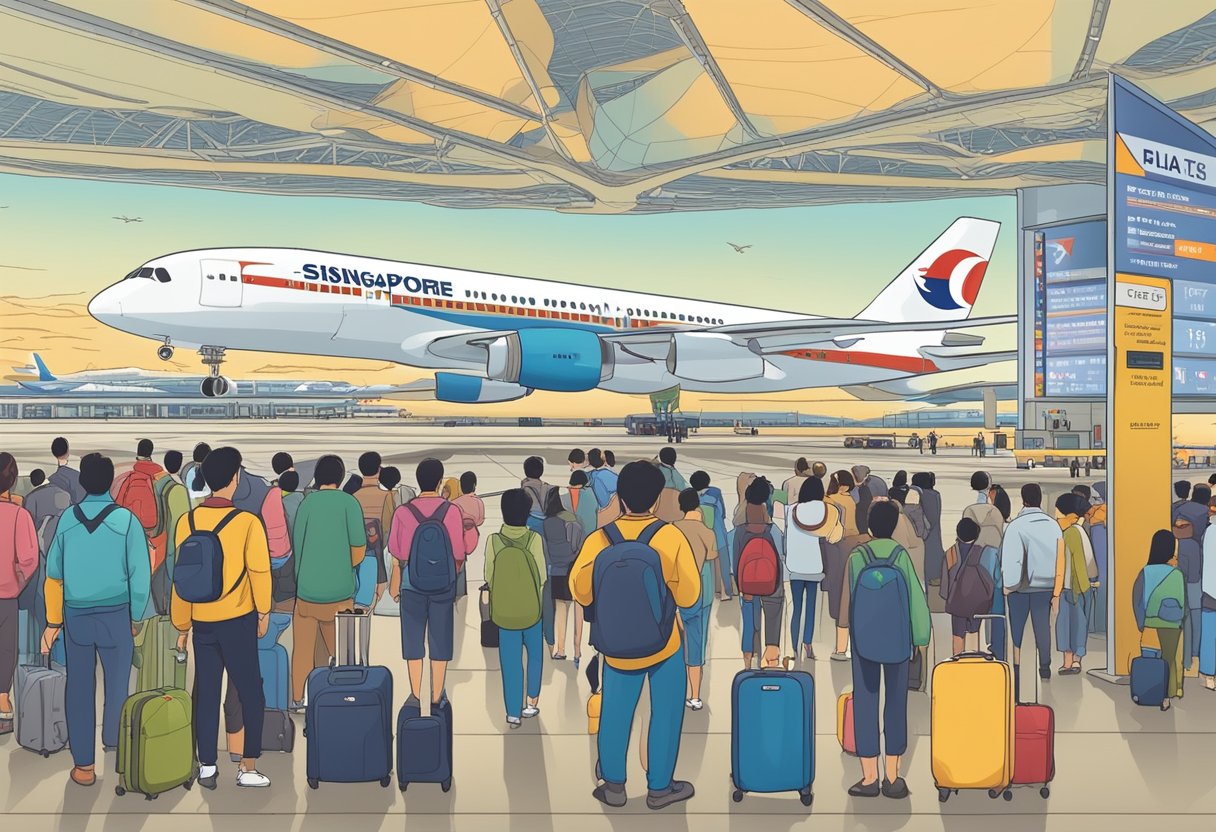 A busy airport with planes on the runway, a departure board showing flights from Singapore to Seoul, and people lined up at the gate