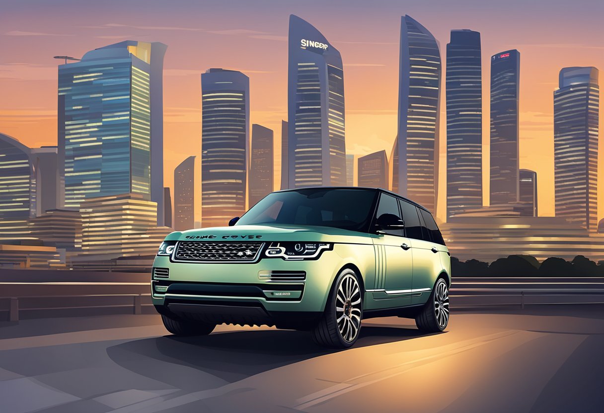 A sleek Range Rover parked in front of the iconic Singapore skyline at sunset