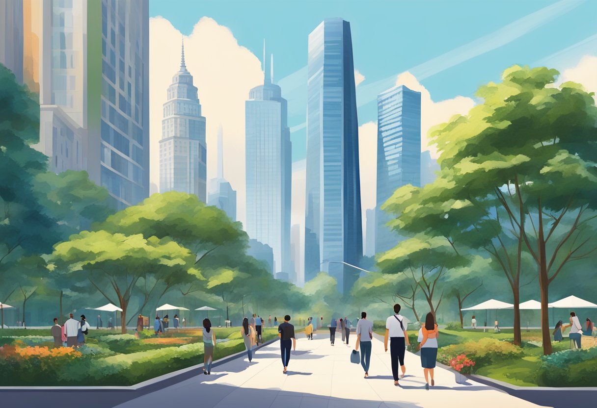 People walking around Republic Plaza, surrounded by modern skyscrapers and lush greenery, with the iconic building's distinctive architecture standing tall against the city skyline
