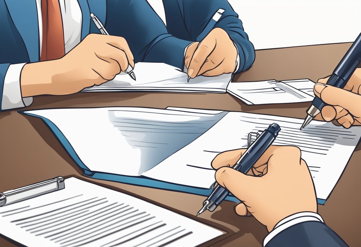 A person signing a legal document with a notary stamping it
