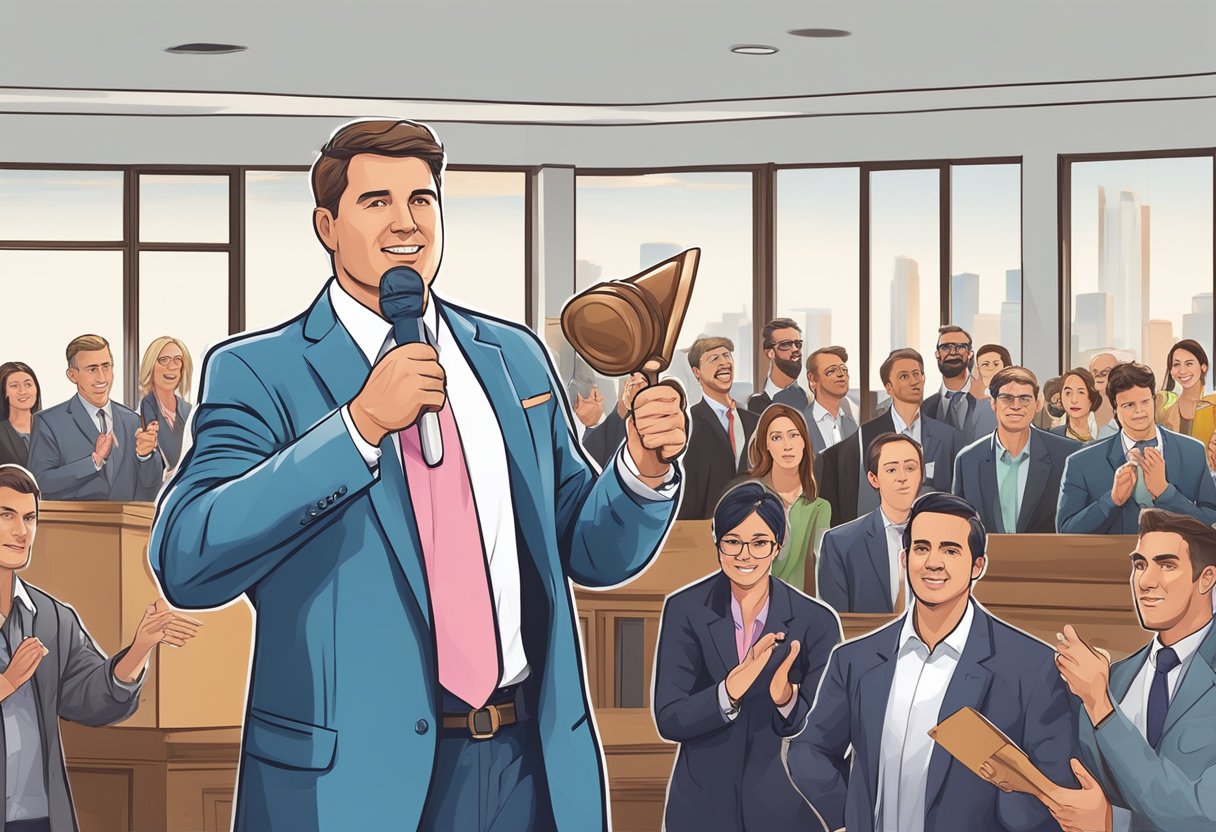 Auctioneer holds gavel, crowd watches, property listings displayed, bidders raise paddles, auctioneer announces sold properties