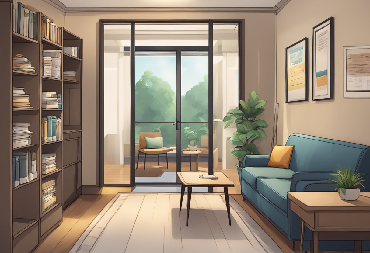 A cozy private room in Singapore with a sign reading "Frequently Asked Questions" on the door. Comfortable seating, a desk with a computer, and a stack of brochures on a table