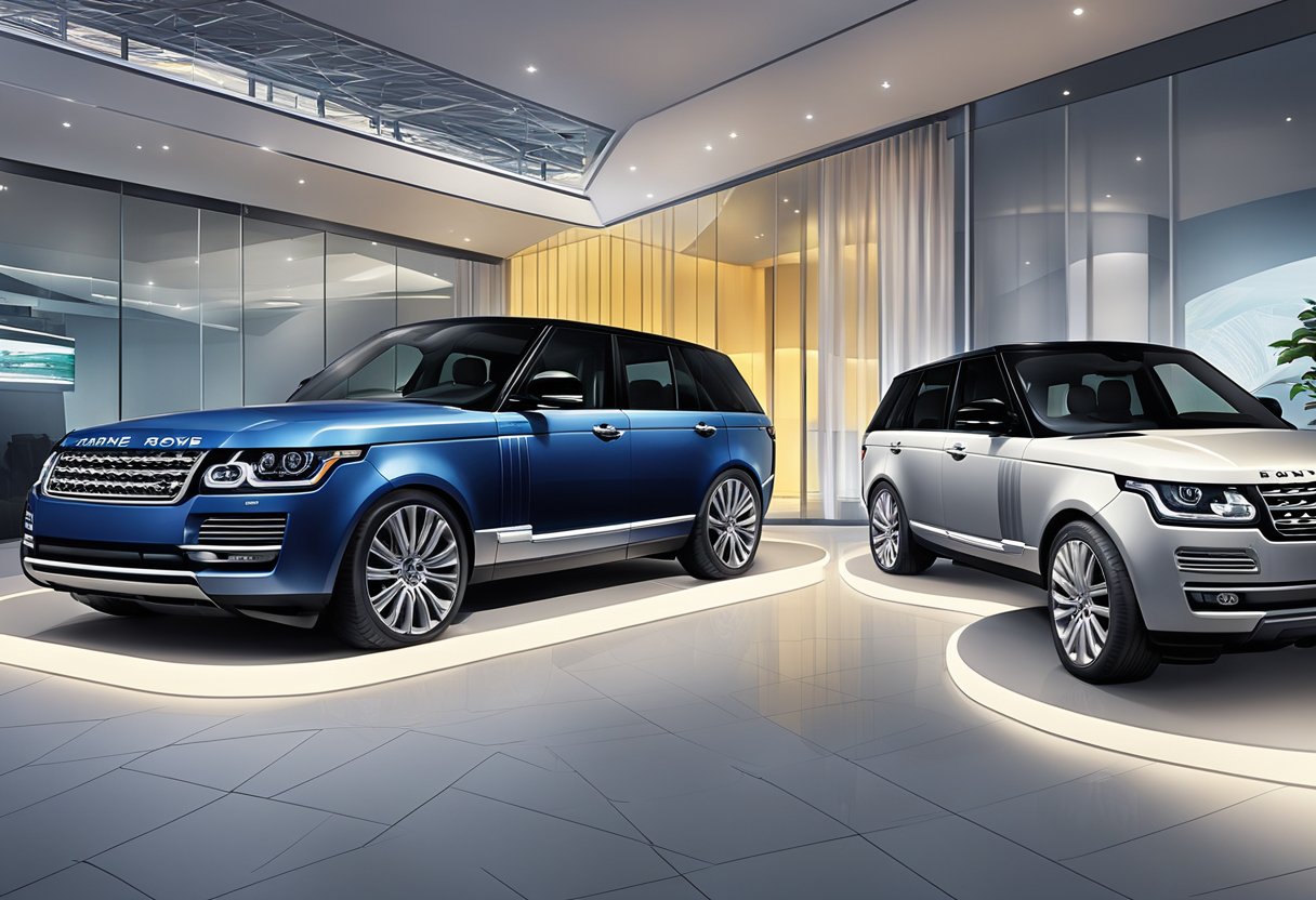A Range Rover showroom in Singapore, with various models displayed under bright lights and sleek, modern design
