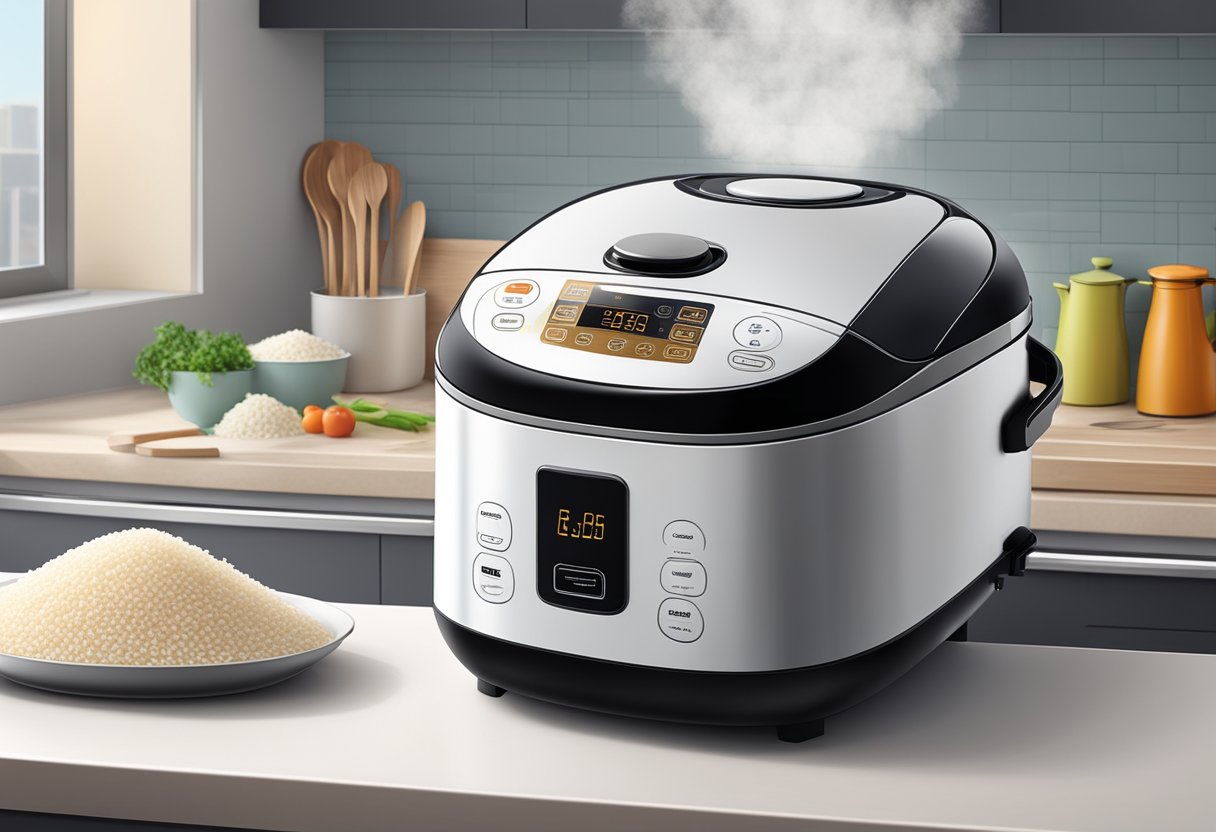 A modern rice cooker sits on a kitchen countertop in Singapore, steam escaping from the lid as fluffy grains of rice cook inside