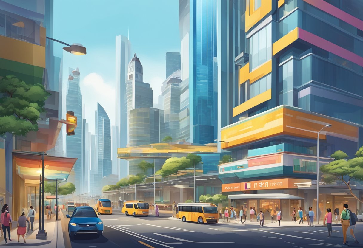 A modern cityscape with iconic landmarks and vibrant street scenes in Viu Singapore. Skyscrapers, bustling markets, and colorful signage fill the bustling city streets