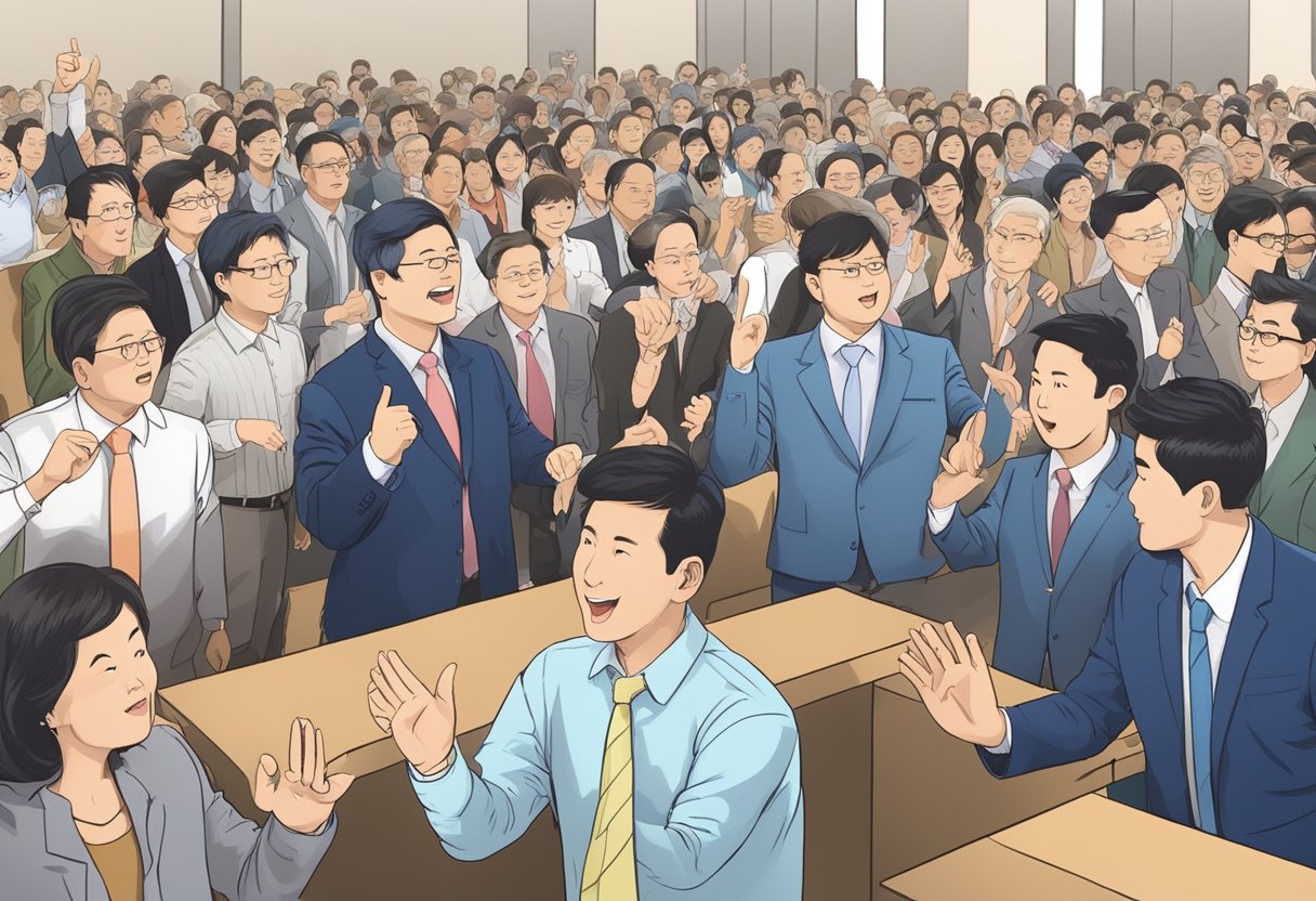 Bidders raise paddles at a bustling property auction in Singapore. The auctioneer gestures enthusiastically, while the crowd eagerly anticipates the next bid