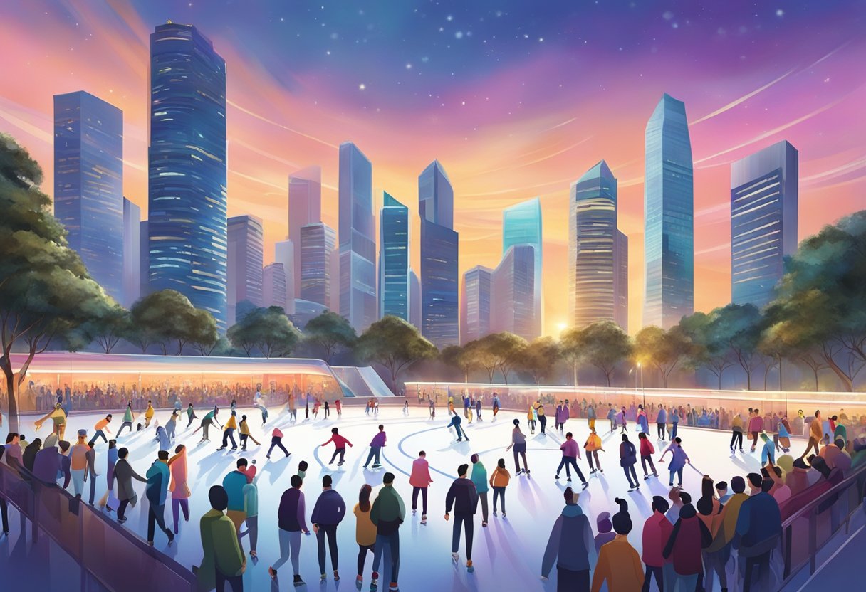 A bustling ice rink in Singapore, surrounded by gleaming skyscrapers under a colorful sunset sky. Skaters glide gracefully across the smooth ice, while spectators cheer from the sidelines